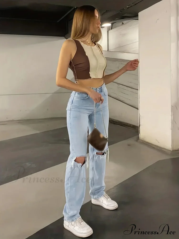 Blue Ripped Holes Straight Loose Fit Slant Pockets Non-Stretch Casual Denim Jean image 2