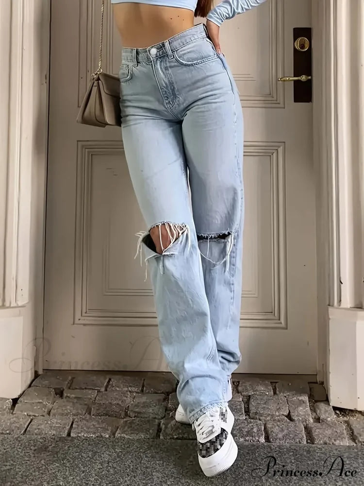 Blue Ripped Holes Straight Loose Fit Slant Pockets Non-Stretch Casual Denim Jean image 1