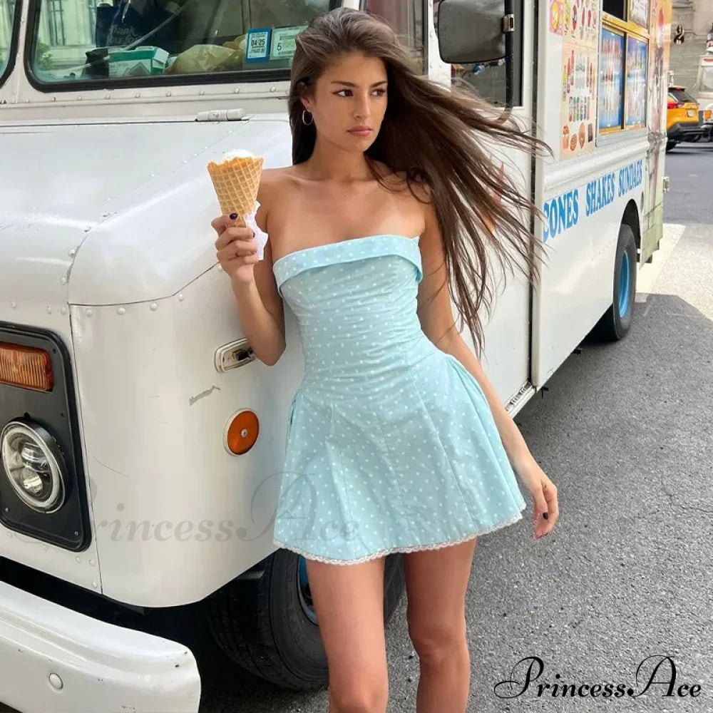 Blue Strapless Polka Charming Dot Mini Dress image 2
