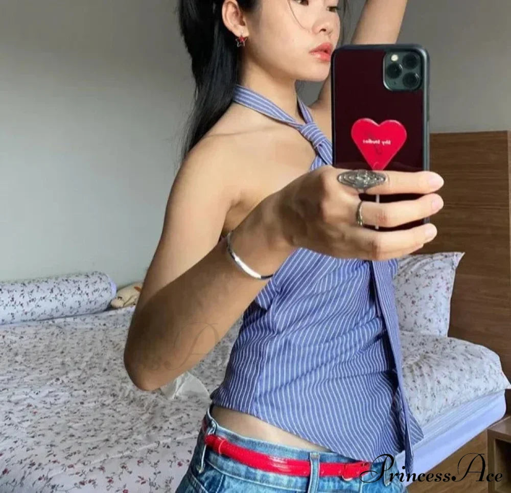 Blue Striped Halter Charming Tie Detail Top image 4