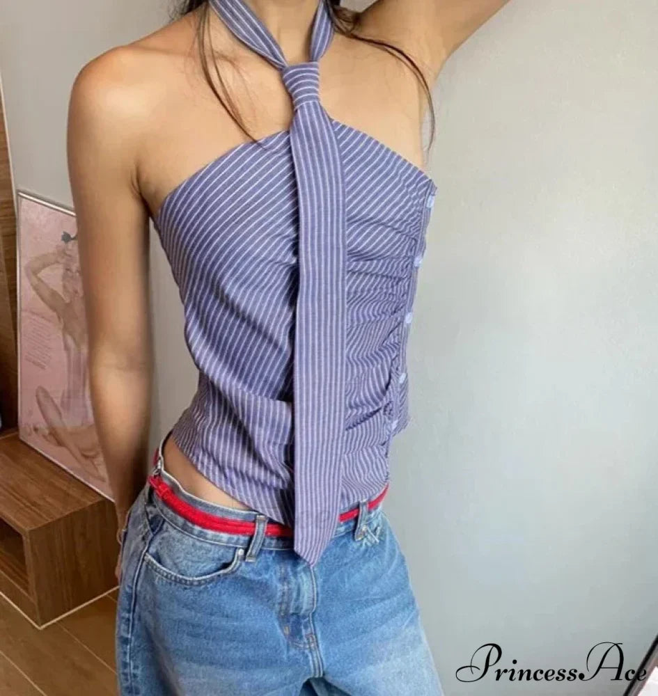 Blue Striped Halter Charming Tie Detail Top image 1