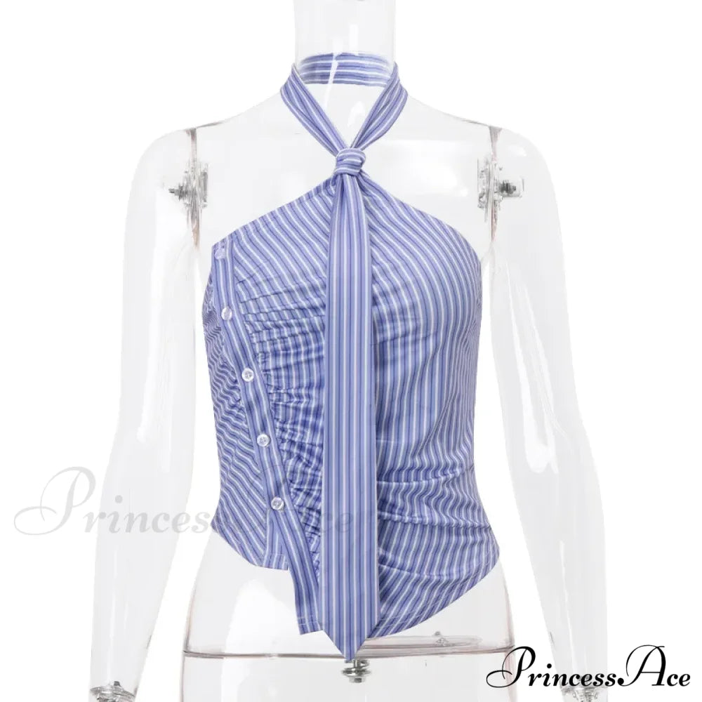 Blue Striped Halter Charming Tie Detail Top image 9