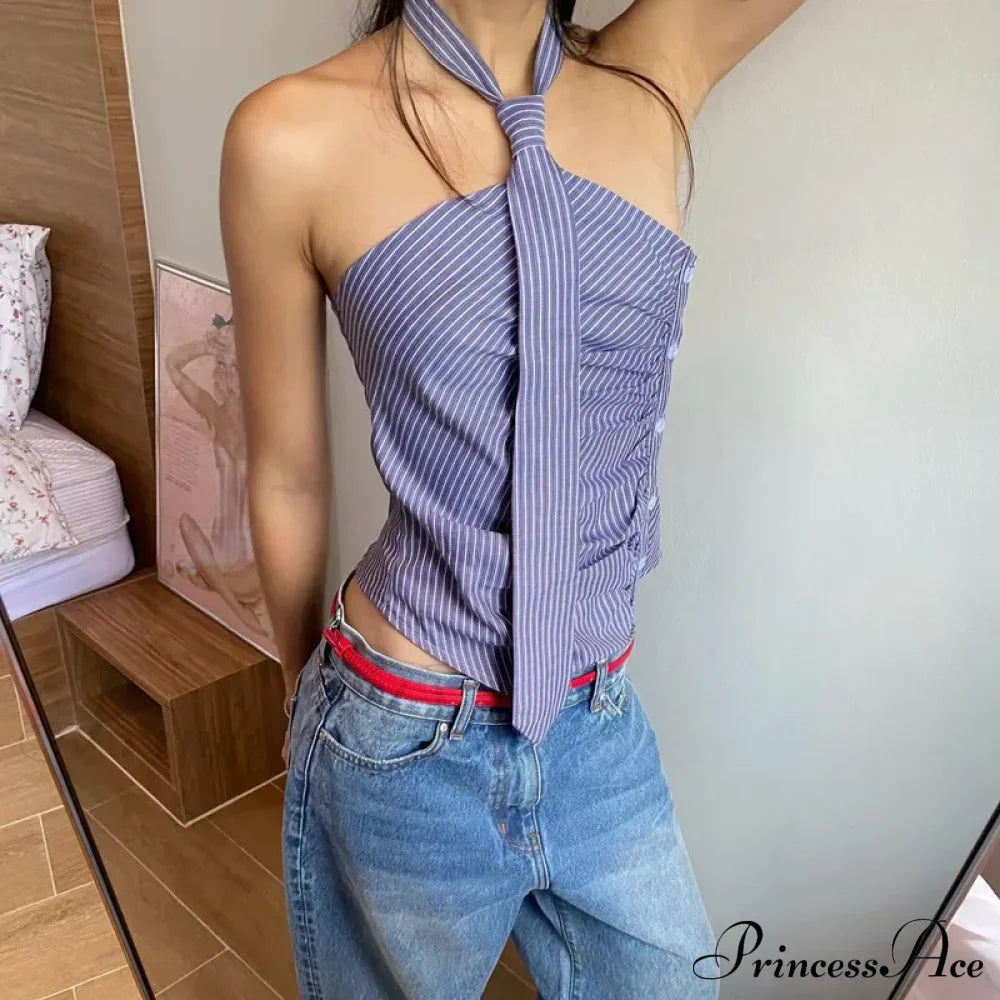 Blue Striped Halter Charming Tie Detail Top image 7
