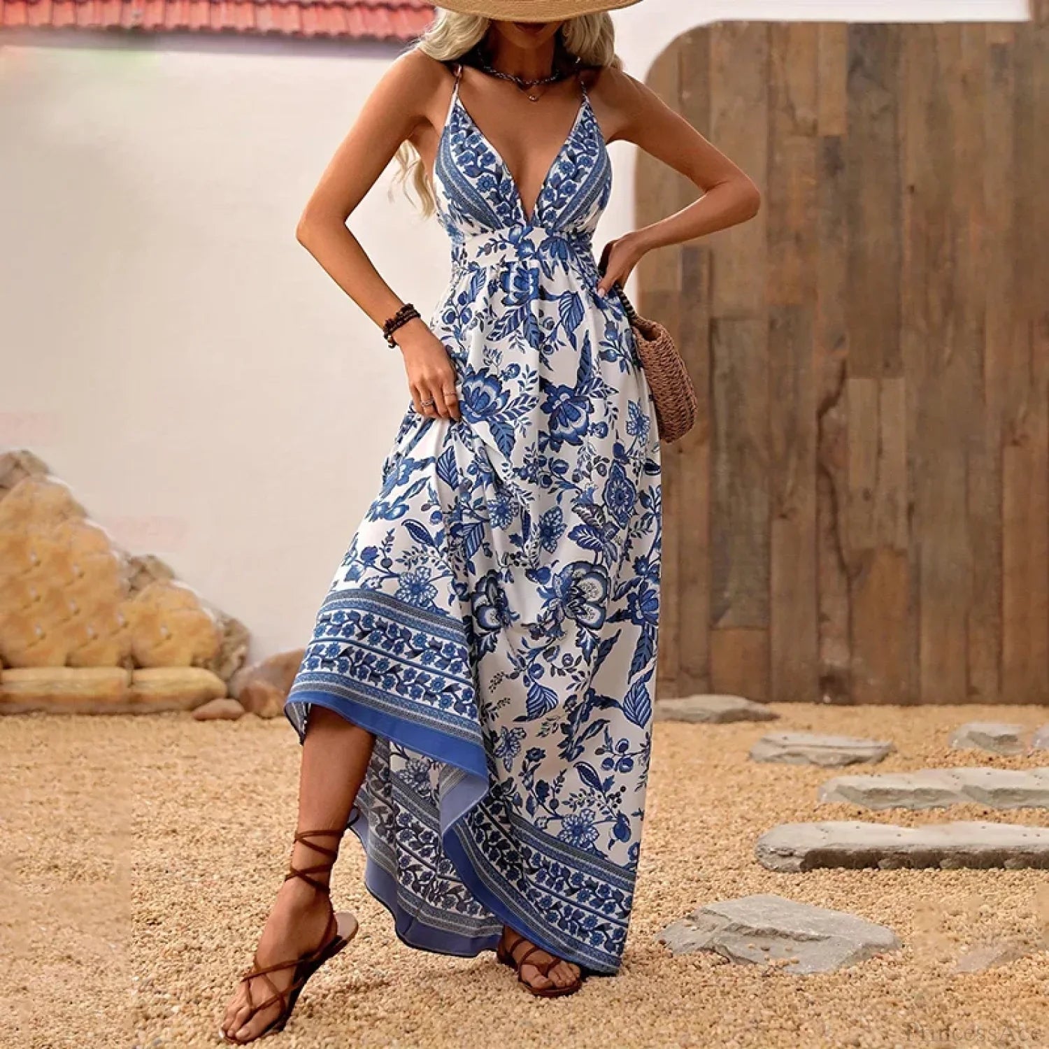 Blue White Porcelain Chiffon Floral Mini Dress image 5