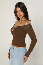 Boat Neck Cutout Fitted Long Sleeve Tee image 2