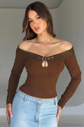 Boat Neck Cutout Fitted Long Sleeve Tee image 1