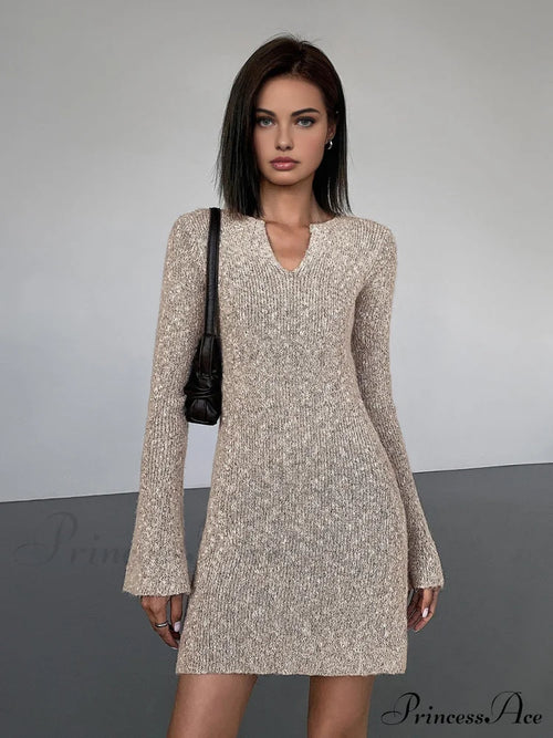 Bodycon V-neck Long Trendy Sleeve Mini Knit Dress image 1