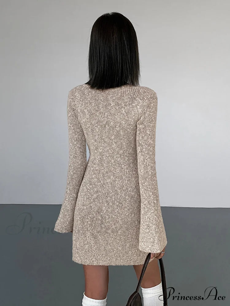 Bodycon V-neck Long Trendy Sleeve Mini Knit Dress image 4