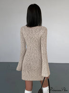 Bodycon V-neck Long Trendy Sleeve Mini Knit Dress image 4