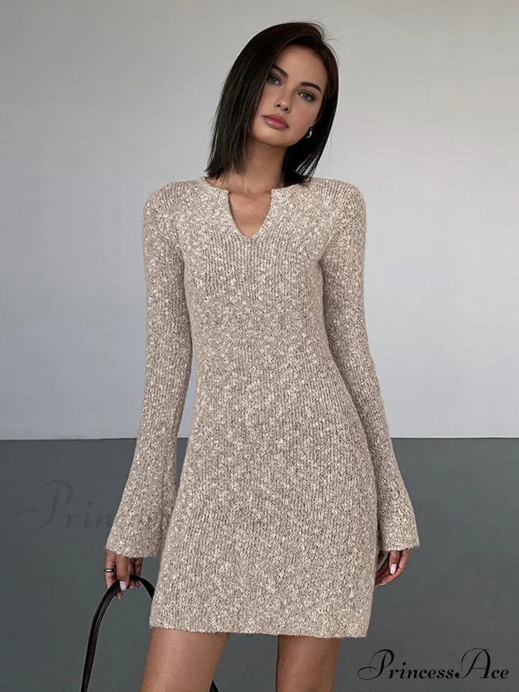 Bodycon V-neck Long Trendy Sleeve Mini Knit Dress image 2