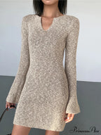 Bodycon V-neck Long Trendy Sleeve Mini Knit Dress image 3