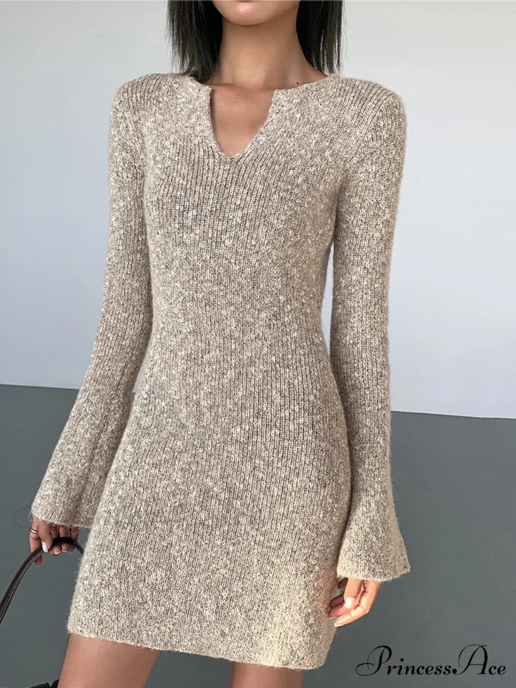 Bodycon V-neck Long Trendy Sleeve Mini Knit Dress image 3
