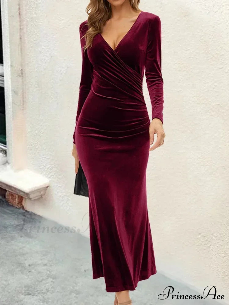 Bodycon V-neck Wrap Slim Fishtail Evening Maxi Dress image 2