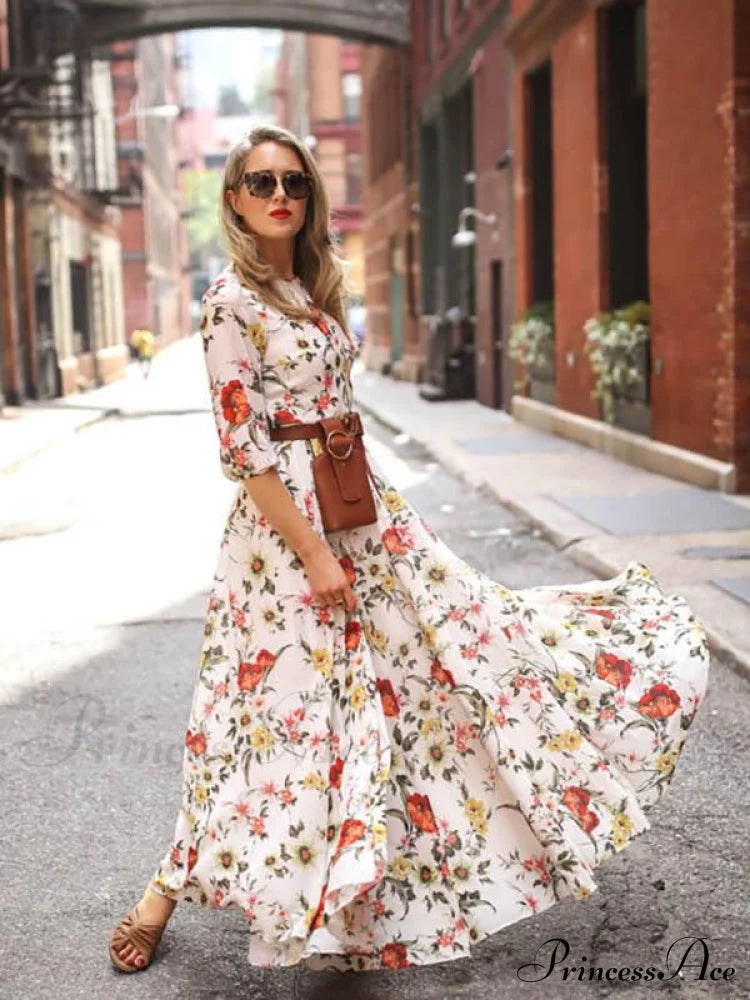 Bohemia Gown Full-Length Neck Half with Round and Flowered Sleeves Boho Dress image 5