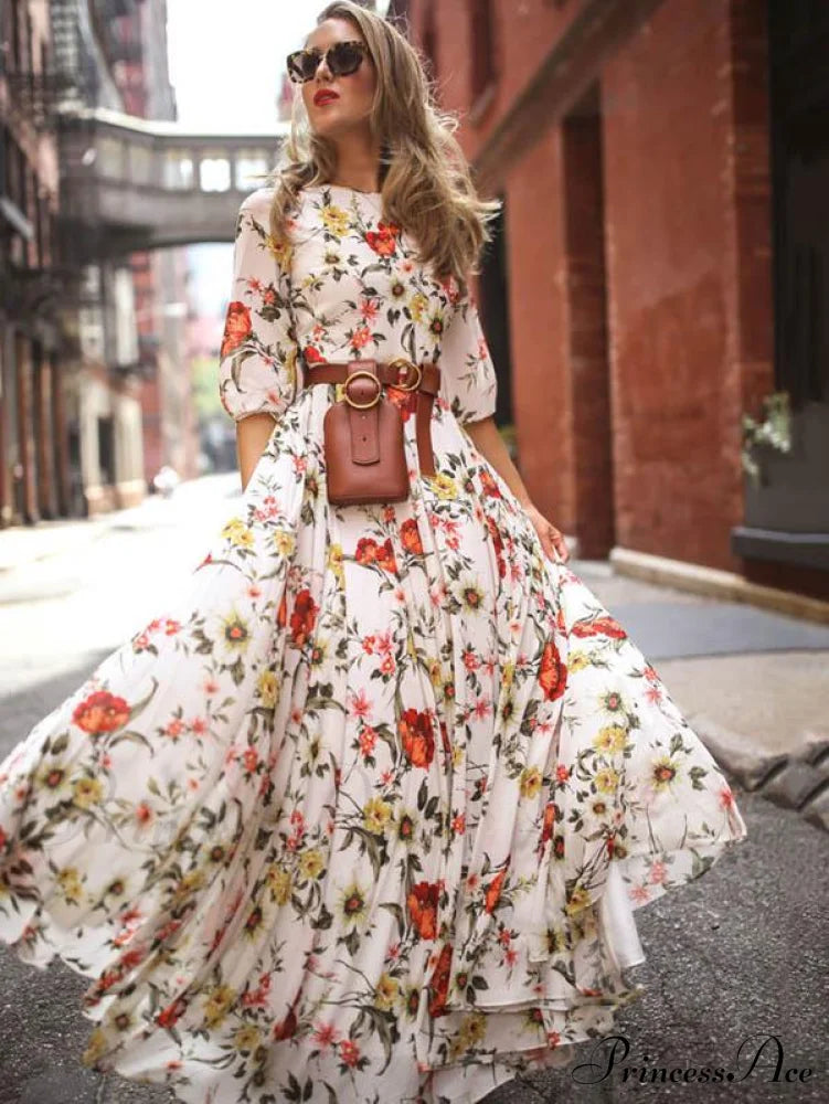 Bohemia Gown Full-Length Neck Half with Round and Flowered Sleeves Boho Dress image 2
