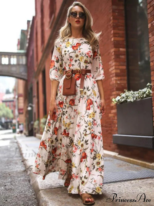 Bohemia Gown Full-Length Neck Half with Round and Flowered Sleeves Boho Dress image 1