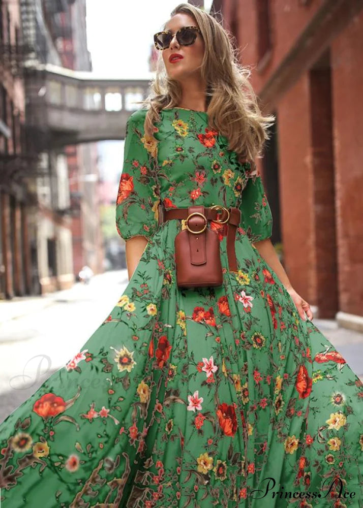 Bohemia Maxi Dress with Floral Round Neck and Half Sleeves image 4