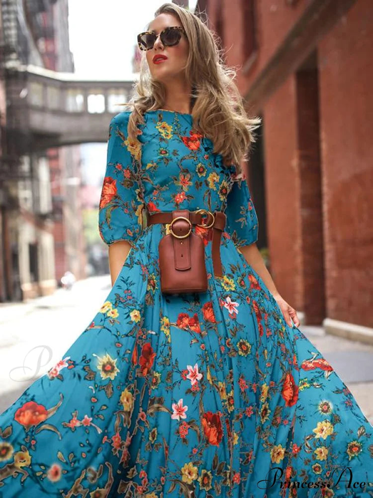 Bohemia Maxi Dress with Floral Round Neck and Half Sleeves image 3