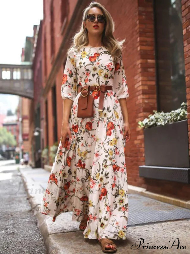 Bohemia Maxi Dress with Floral Round Neck and Half Sleeves image 1