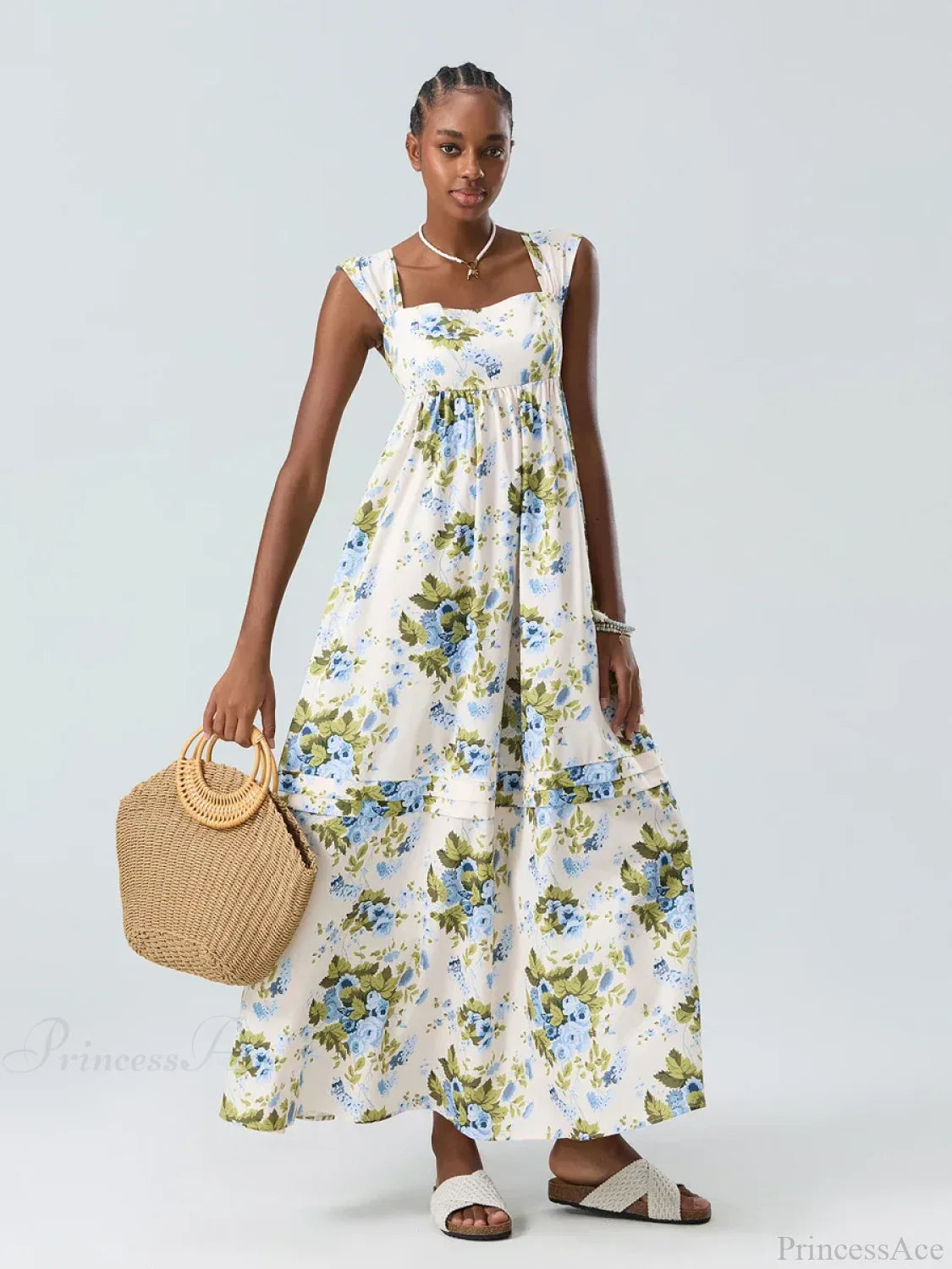 Bohemian Floral Tank Back Tied Square Neck Ruffle Flowy Floral Dress image 3