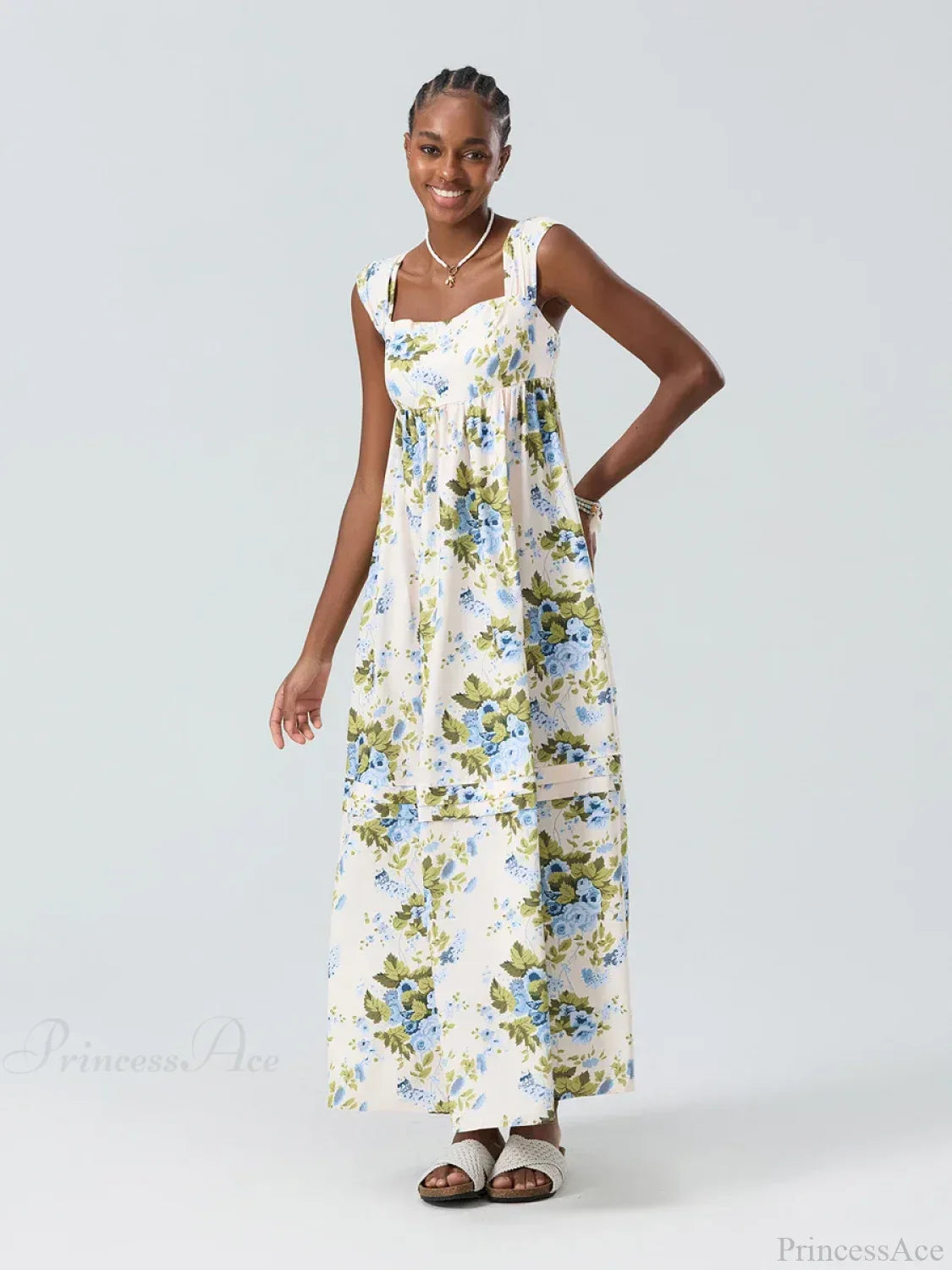 Bohemian Floral Tank Back Tied Square Neck Ruffle Flowy Floral Dress image 4