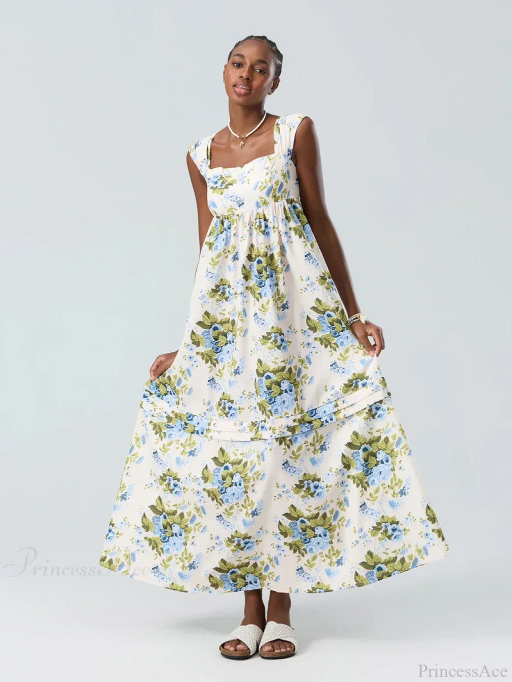 Bohemian Floral Tank Back Tied Square Neck Ruffle Flowy Floral Dress image 2