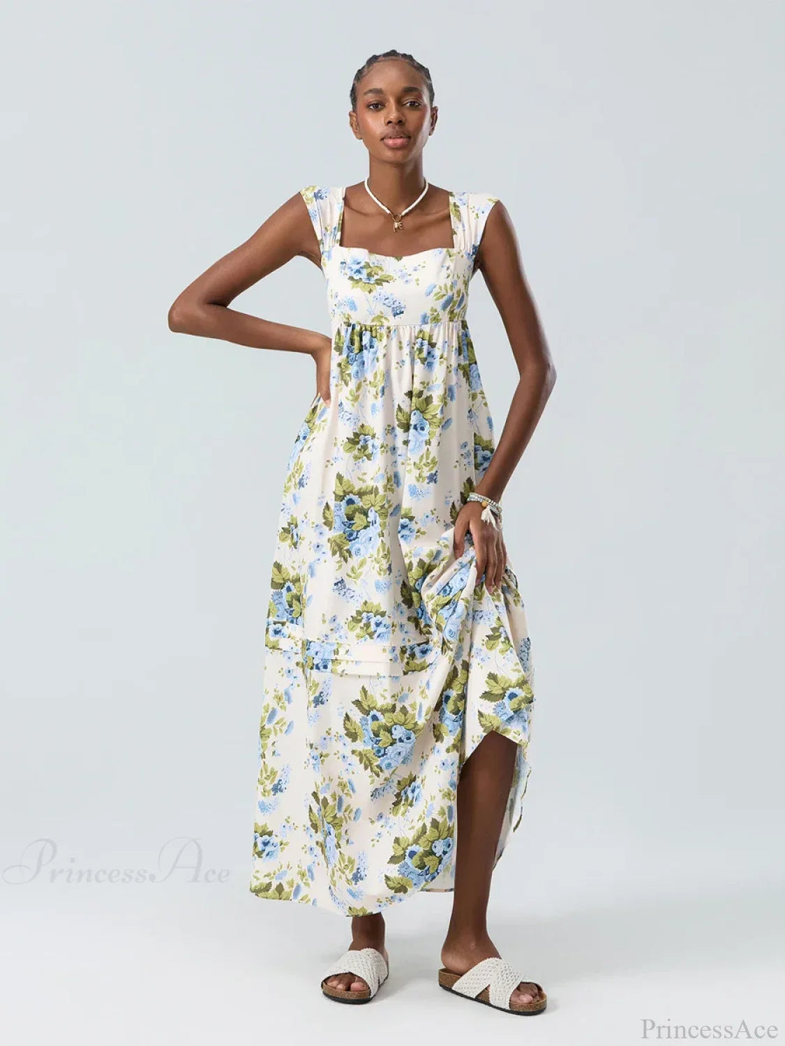 Bohemian Floral Tank Back Tied Square Neck Ruffle Flowy Floral Dress image 1