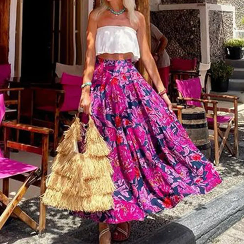 Bohemian Print Floral Summer High Waist Beach Loose Skirt image 1