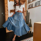 Bohemian Tiered Denim Maxi Skirt image 1