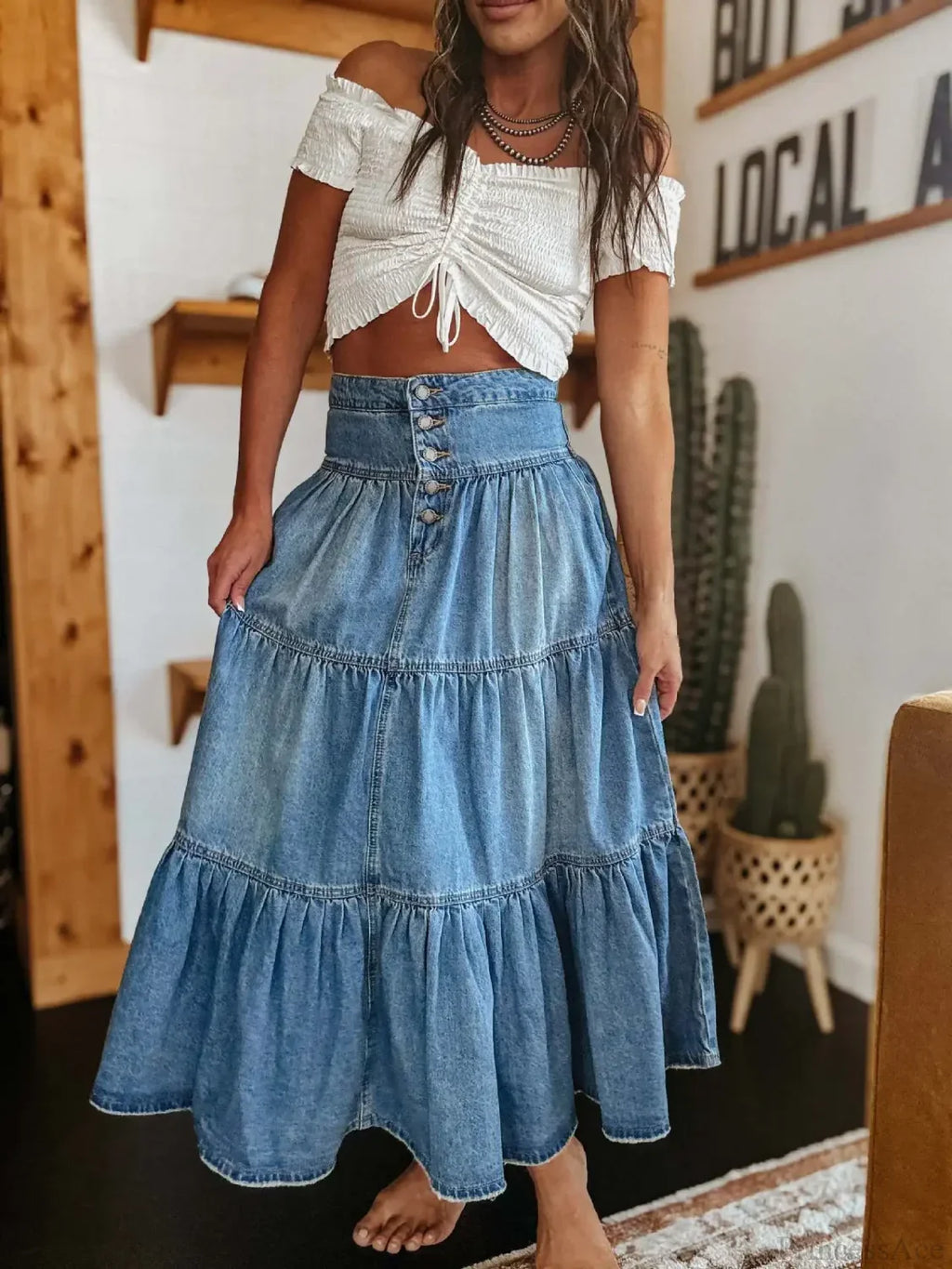 Bohemian Tiered Denim Maxi Skirt image 5