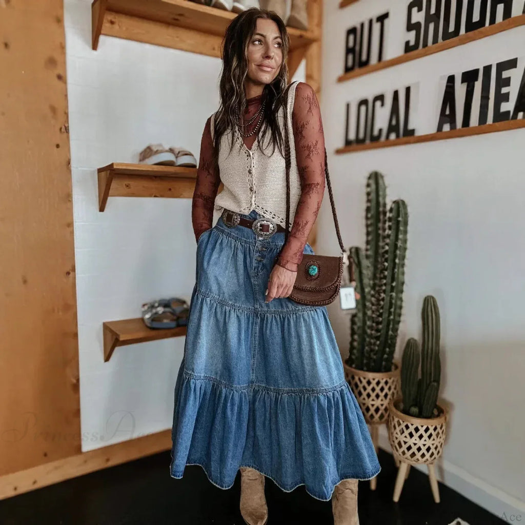 Bohemian Tiered Denim Maxi Skirt image 3