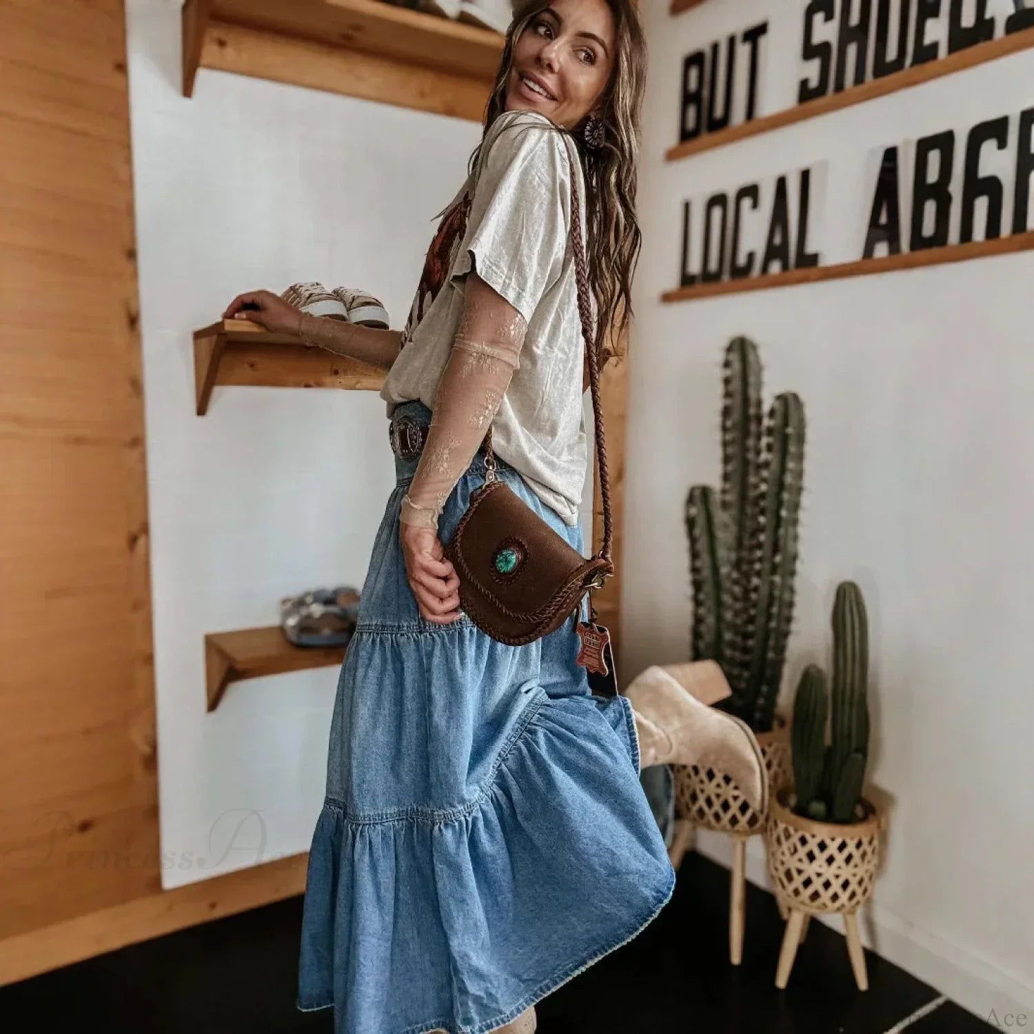 Bohemian Tiered Denim Maxi Skirt image 4