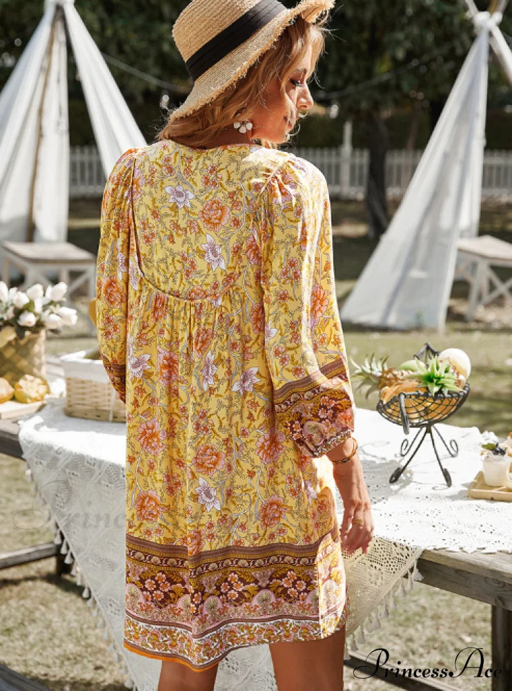 Boho Beach Dress Female Vintage Dress Printed Mini Casual 3/4 Sleeve Loose Elegant image 14