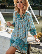 Boho Beach Dress Female Vintage Dress Printed Mini Casual 3/4 Sleeve Loose Elegant image 9