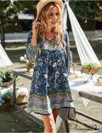 Boho Beach Dress Female Vintage Dress Printed Mini Casual 3/4 Sleeve Loose Elegant image 1