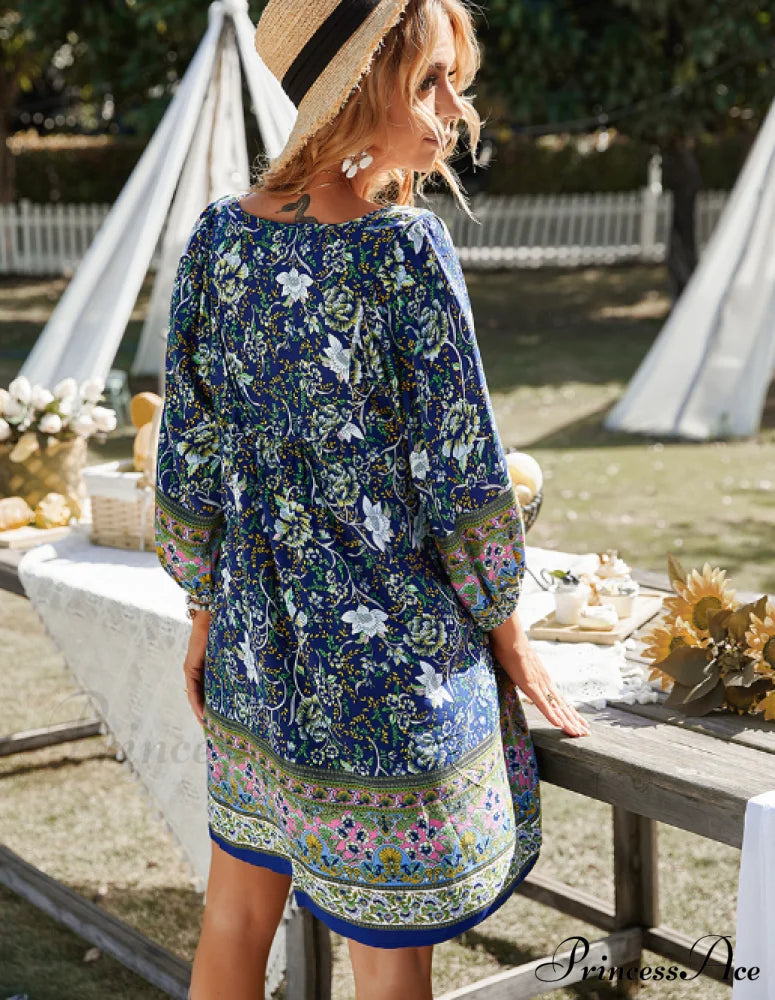 Boho Beach Dress Female Vintage Dress Printed Mini Casual 3/4 Sleeve Loose Elegant image 3