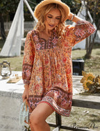 Boho Beach Dress Female Vintage Dress Printed Mini Casual 3/4 Sleeve Loose Elegant image 16
