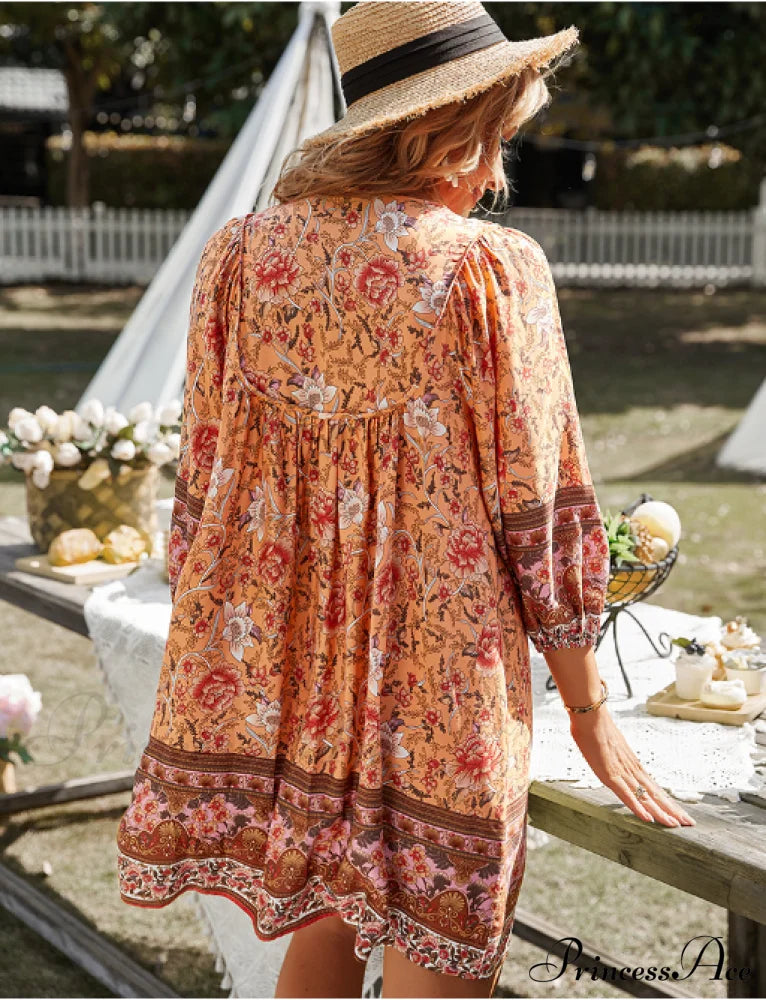 Boho Beach Dress Female Vintage Dress Printed Mini Casual 3/4 Sleeve Loose Elegant image 17