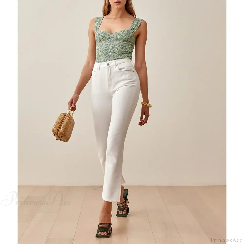 Boho Beach Vacation Floral Sweetheart Wide Strap Sleeveless Slim Crop Top image 3