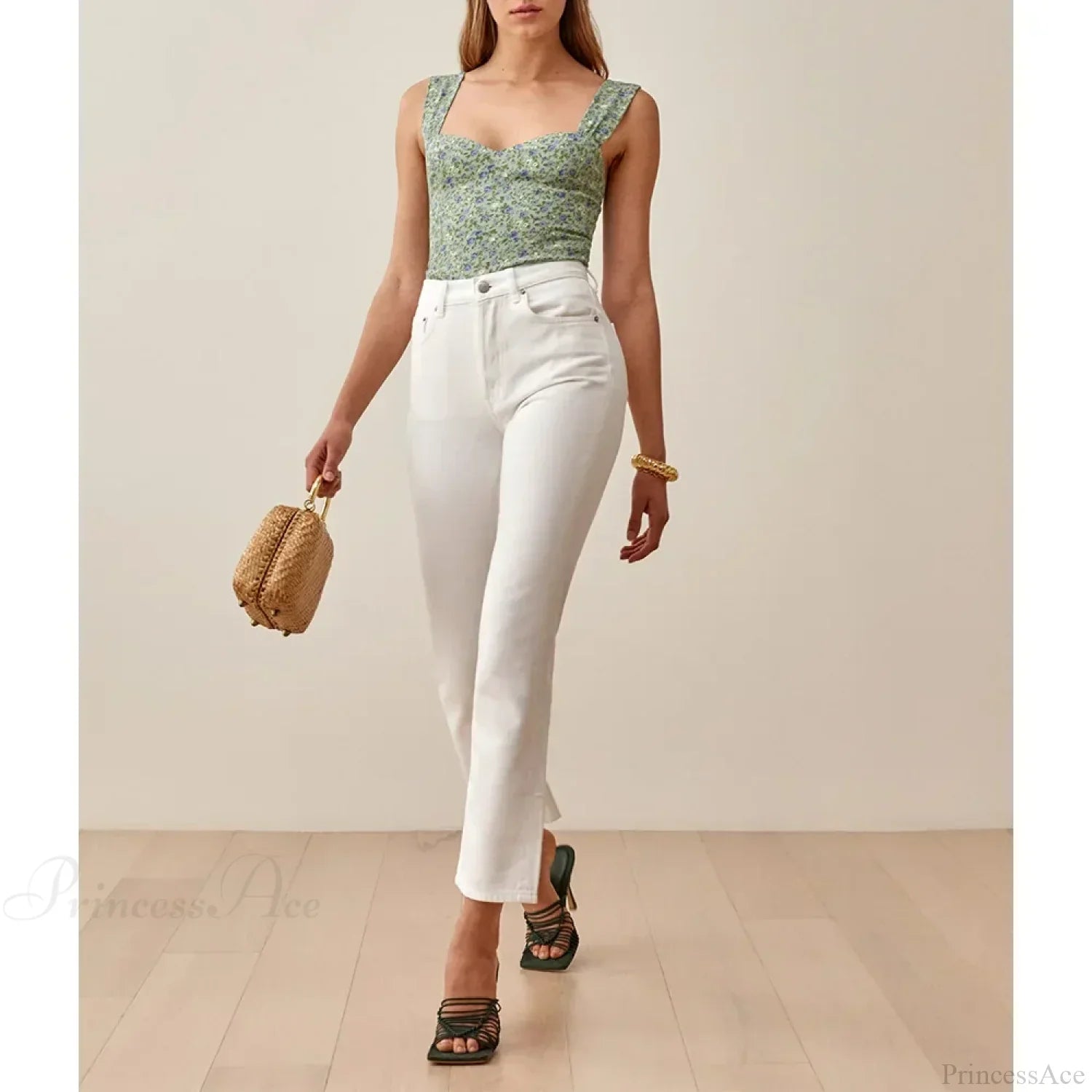 Boho Beach Vacation Floral Sweetheart Wide Strap Sleeveless Slim Crop Top image 3