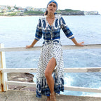 Boho Blue Floral Print V-neck Drawstring Waist Summer Dress image 2