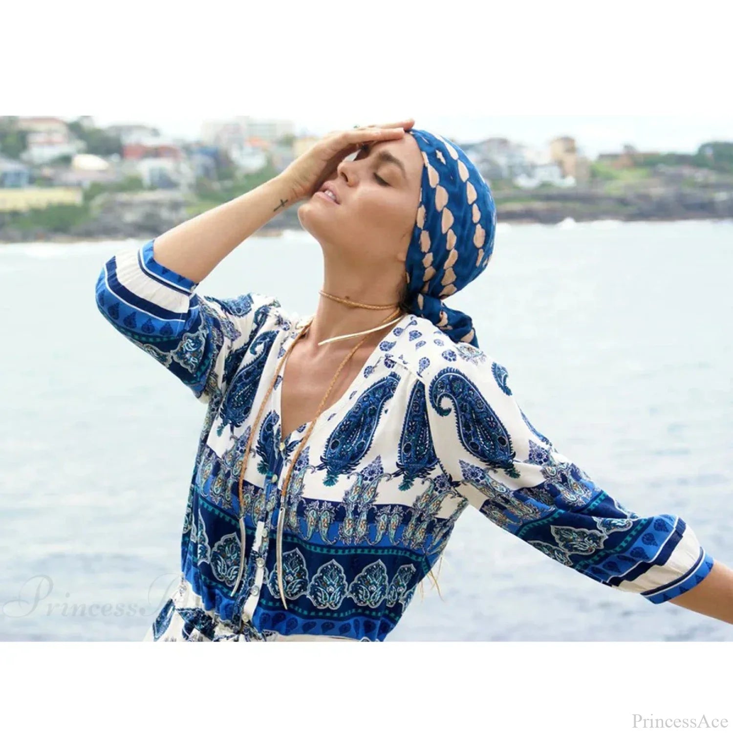 Boho Blue Floral Print V-neck Drawstring Waist Summer Dress image 3
