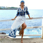 Boho Blue Floral Print V-neck Drawstring Waist Summer Dress image 1