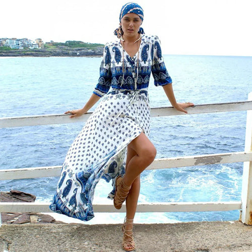 Boho Blue Floral Print V-neck Drawstring Waist Summer Dress image 1