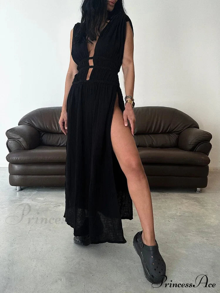 Boho Braids Belt Cutout Graceful Slit Kaftan Maxi Dress image 4