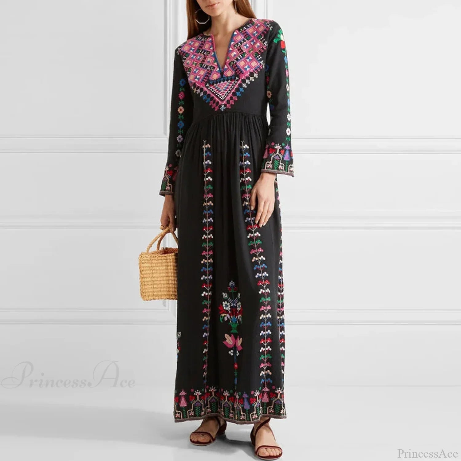 Boho Long Dress Ethnic Floral Embroidery Rayon V-neck Chic Dress image 4