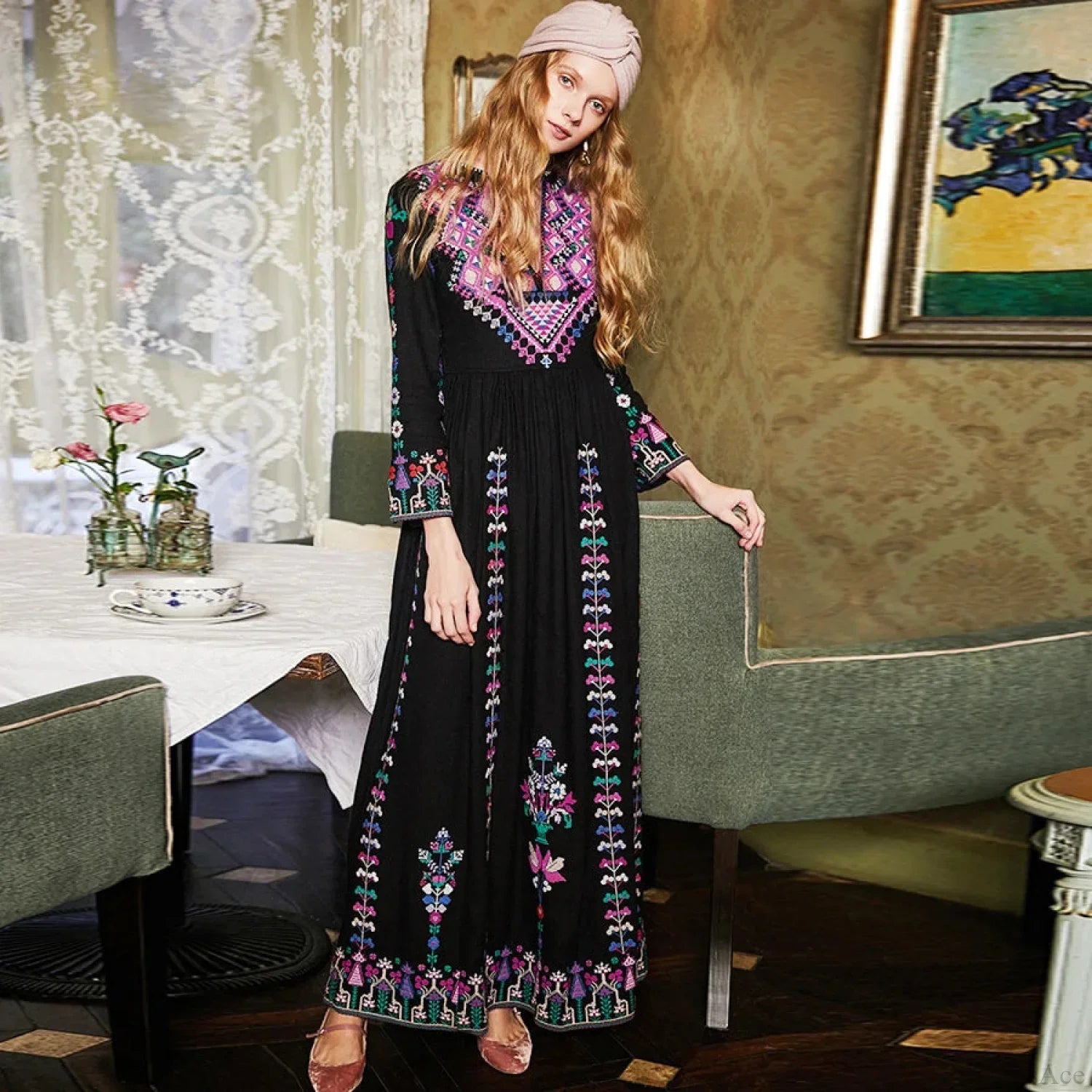 Boho Long Dress Ethnic Floral Embroidery Rayon V-neck Chic Dress image 1