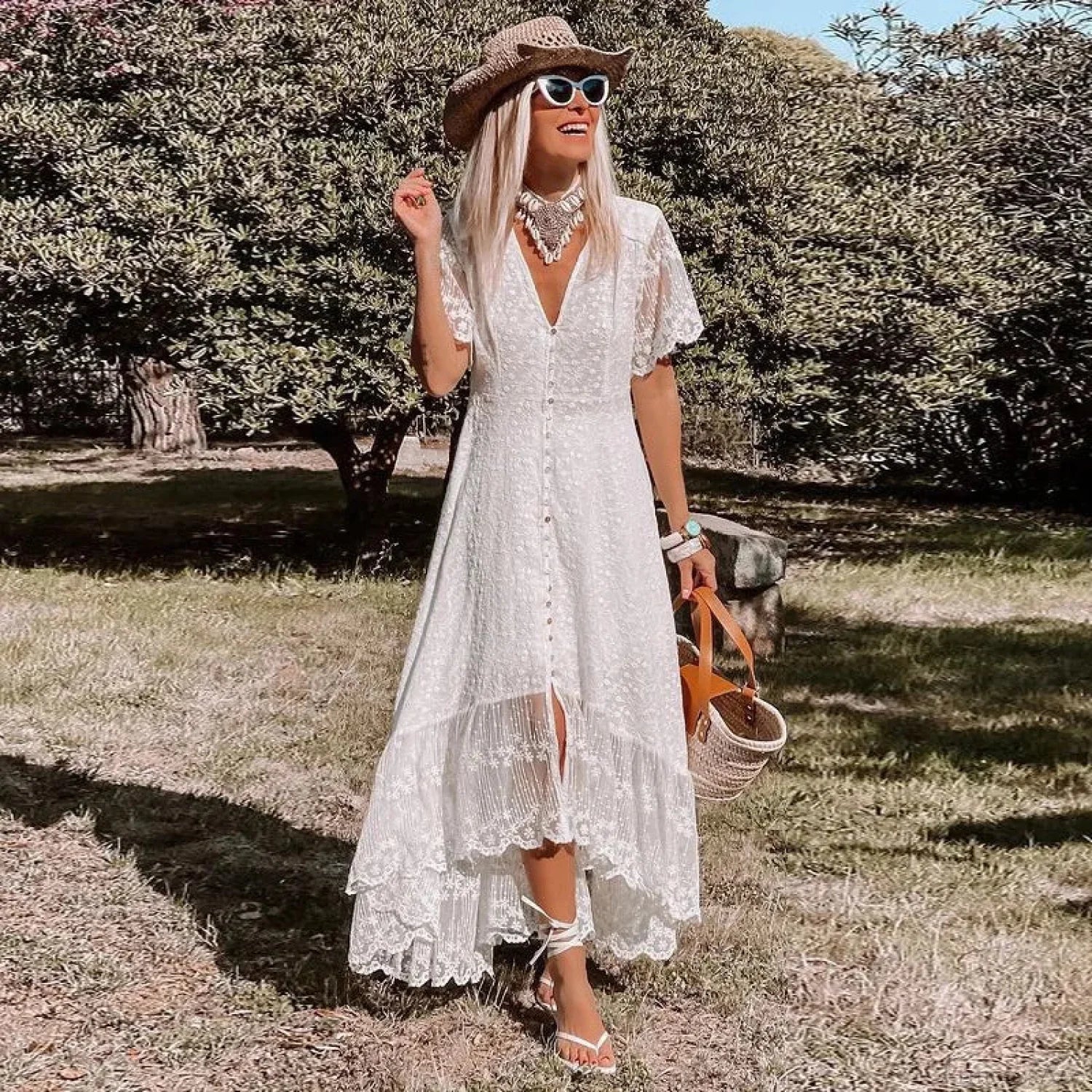 Boho Loose Summer Dress Vintage Deep V Floral Print image 4