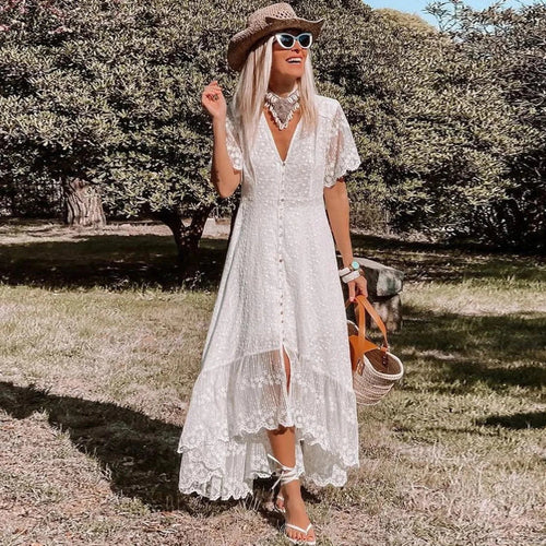 Boho Loose Summer Dress Vintage Deep V Floral Print image 1