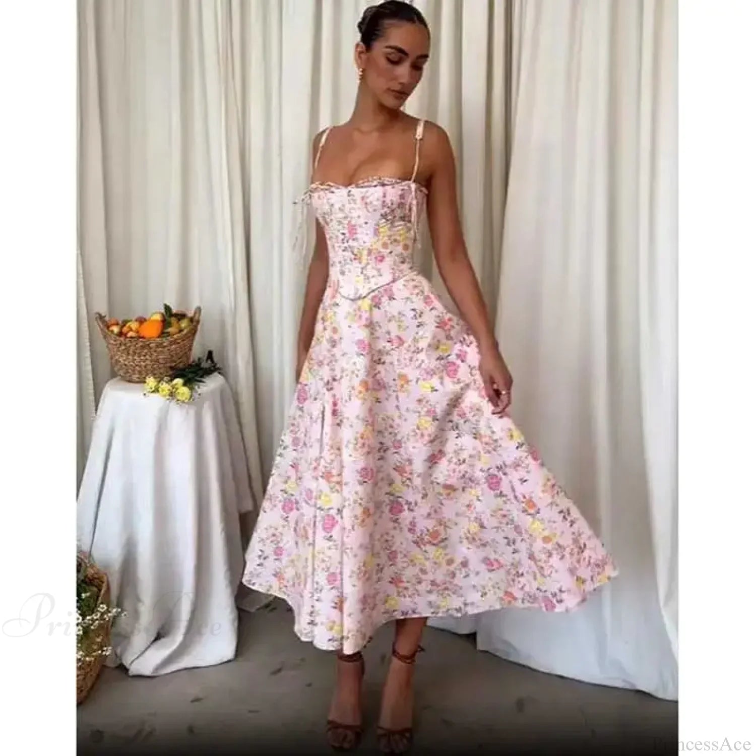 Boho Pink Floral Print Cotton Strapless Dress image 1